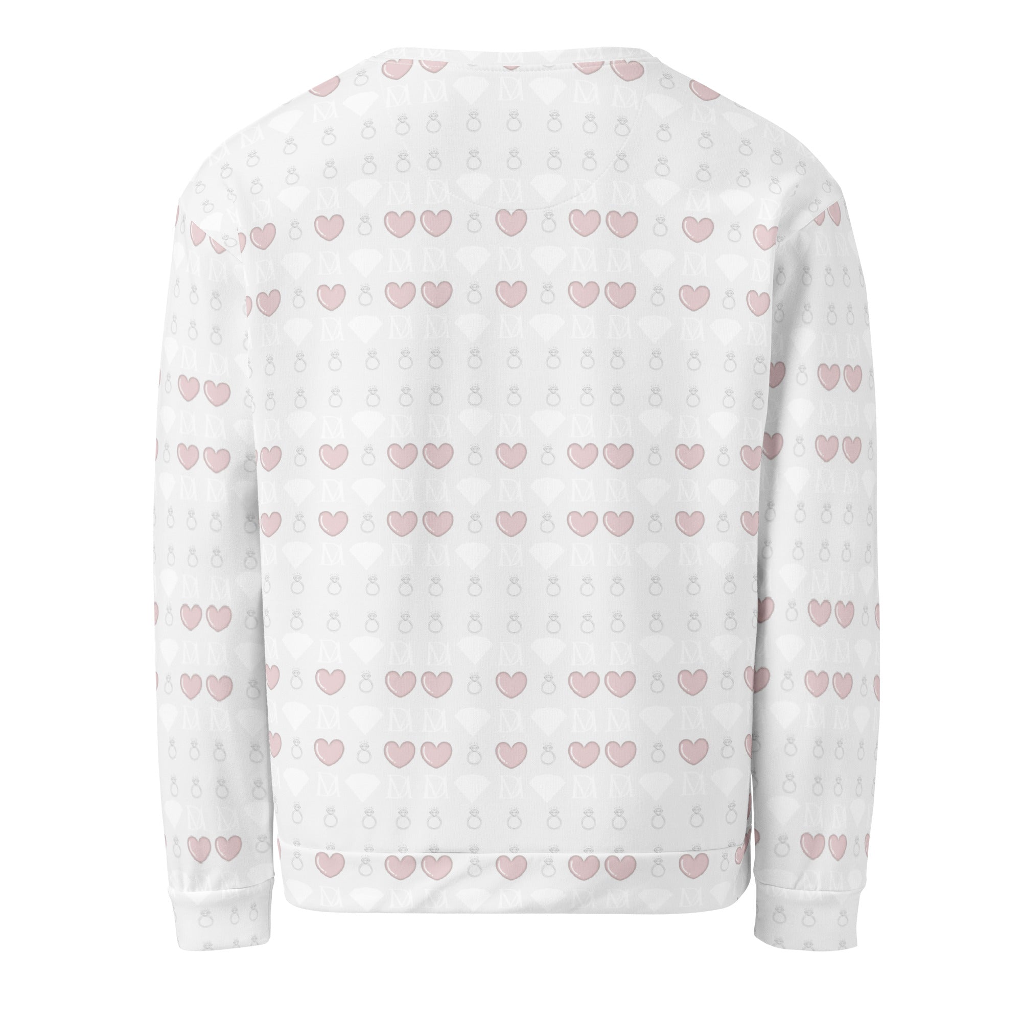 White recycled unisex sweatshirt featuring all-over-print Frosted Diamonds Blissful Replay Daemon brand design.
