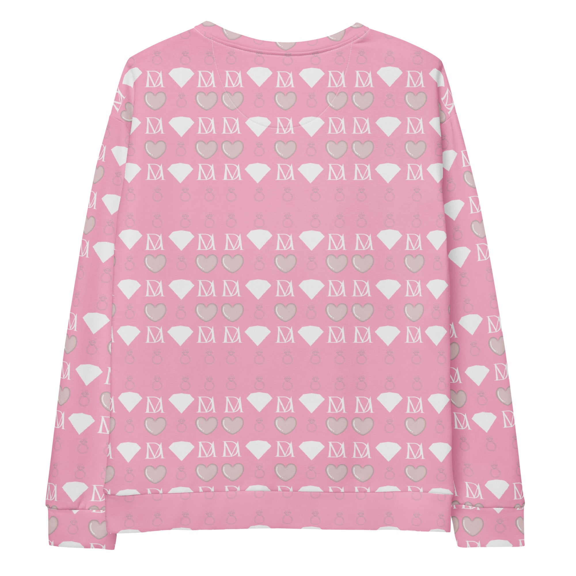 White unisex sweatshirt by Daemon featuring all-over print of frosted diamond cotton candy cinzel design.