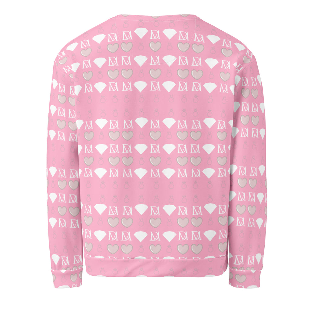 Unisex white cotton candy cinzel sweatshirt with all-over recycled diamond print by Daemon, showcasing colorful diamond pattern.