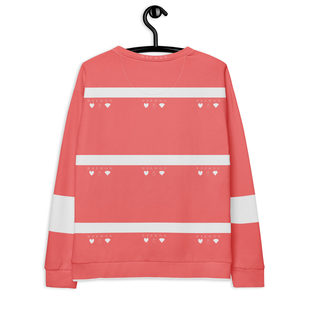 Unisex white Daemon SACHI BANS felpa with all-over recycled print, showcasing a stylish and eco-friendly sweatshirt design.