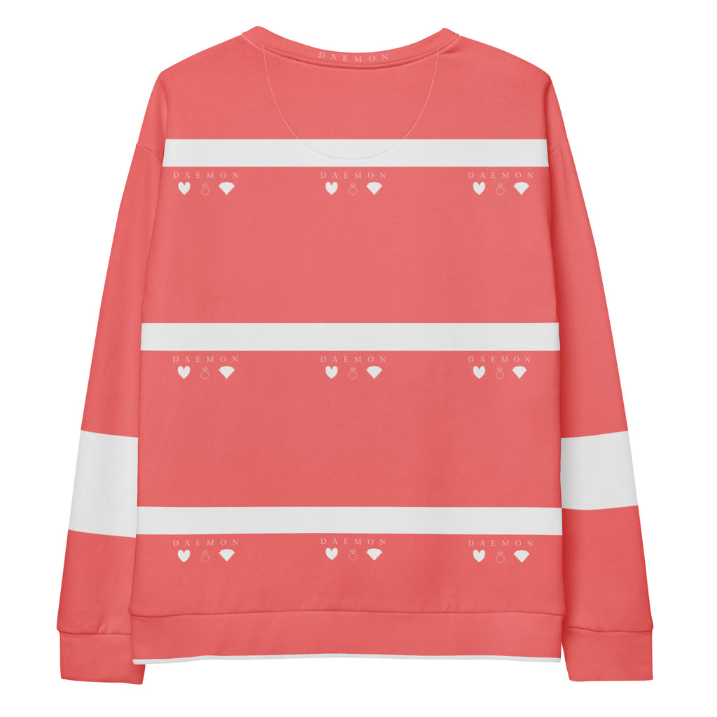 Unisex Daemon SACHI BANS white recycled all-over-print sweatshirt with bold graphic design on the back.