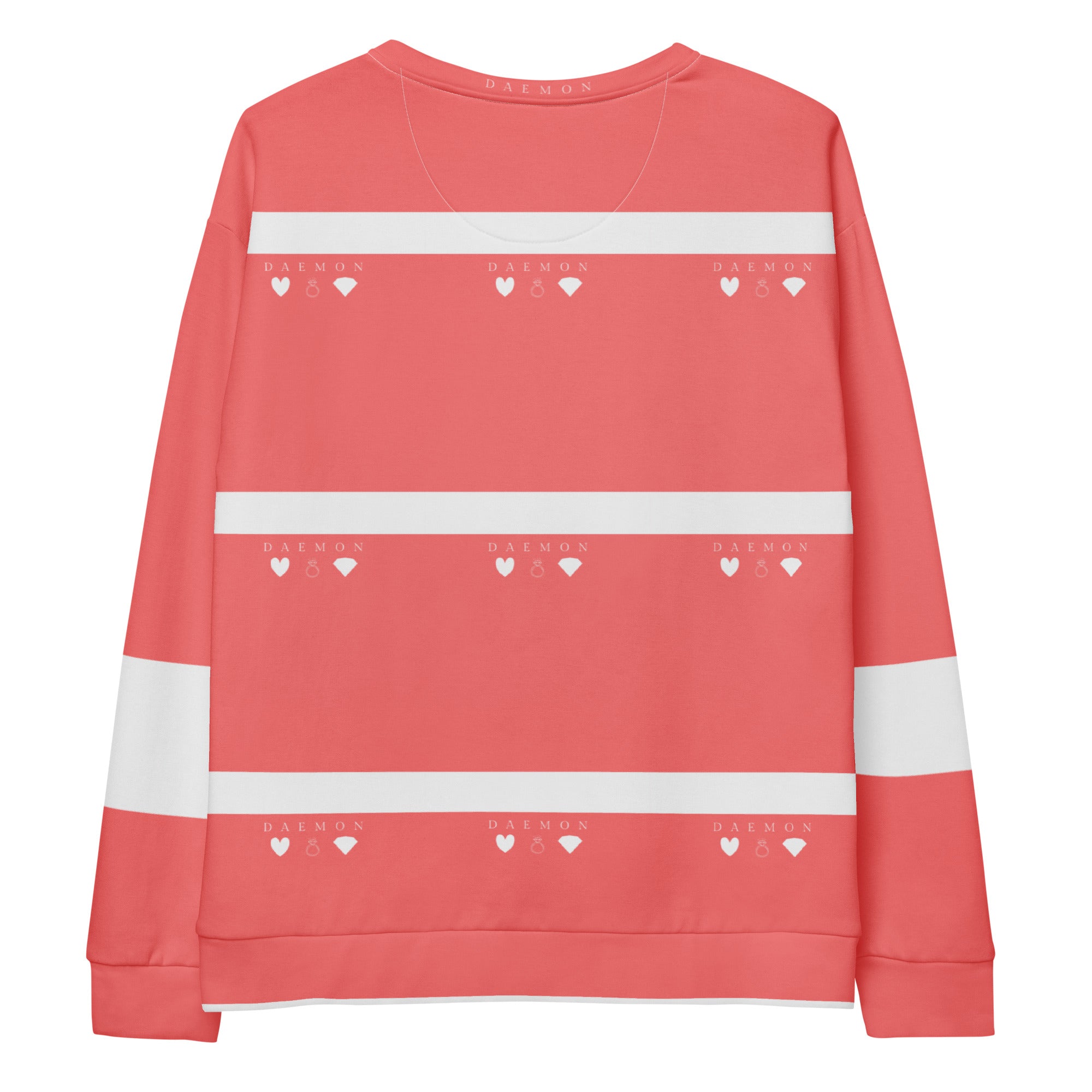 Unisex Daemon SACHI BANS white recycled all-over-print sweatshirt with bold graphic design on the back.