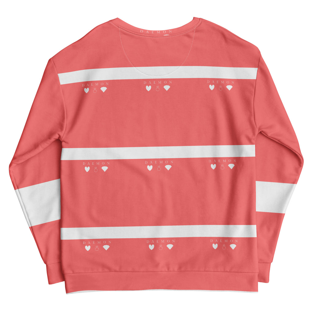 White Daemon SACHI BANS all-over-print recycled unisex sweatshirt, showcasing bold graphic design on the back.