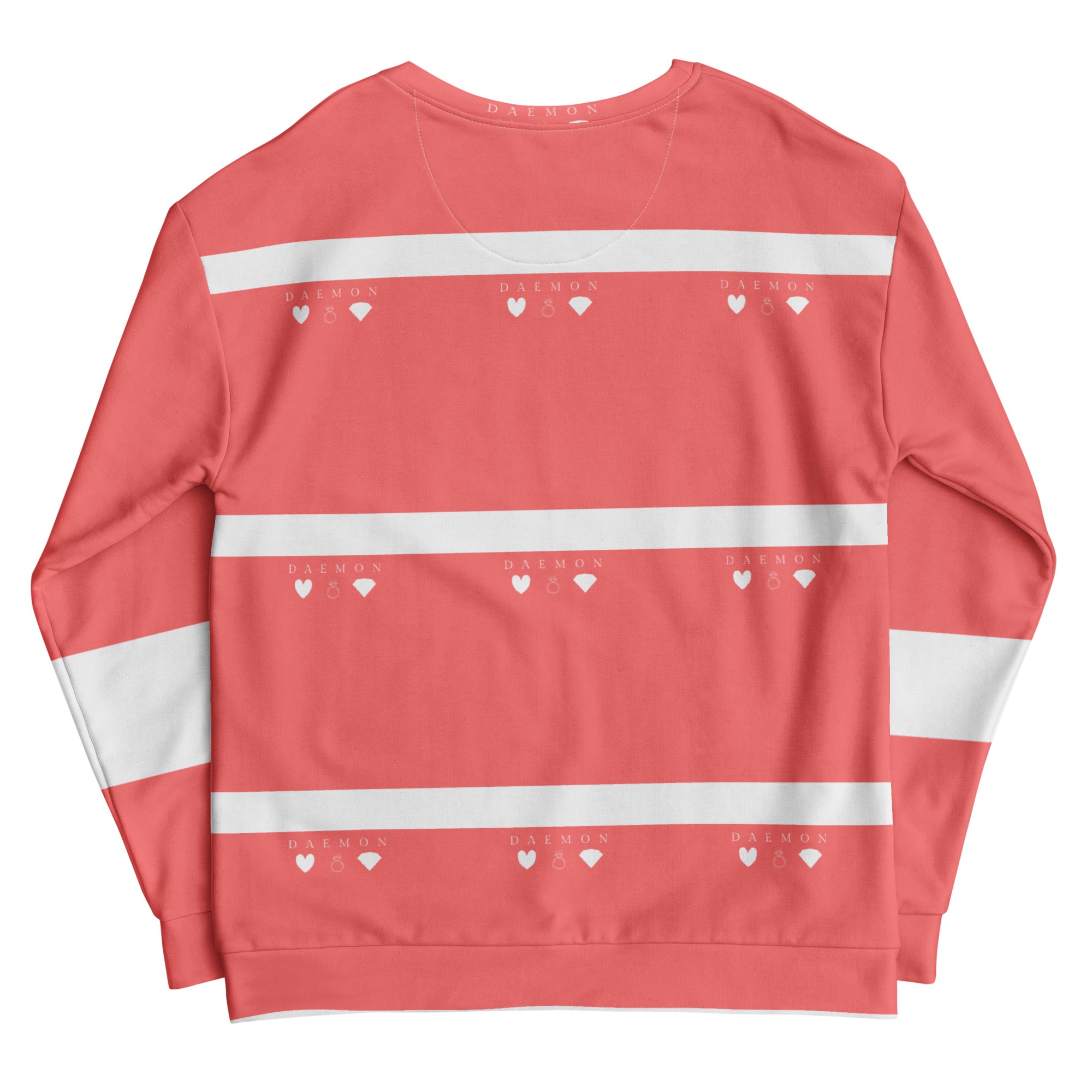 White Daemon SACHI BANS all-over-print recycled unisex sweatshirt, showcasing bold graphic design on the back.
