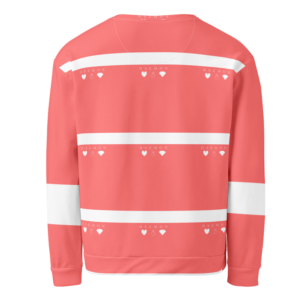 White Daemon SACHI BANS unisex recycled sweatshirt with all-over print, shown from the back.