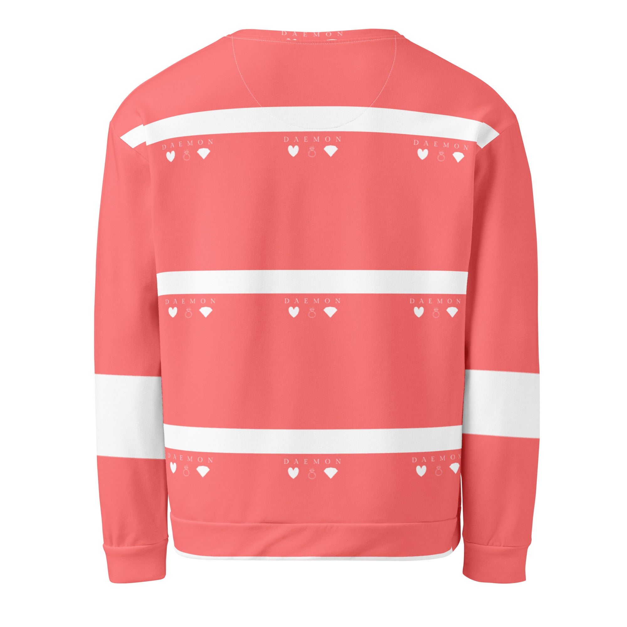 White Daemon SACHI BANS unisex recycled sweatshirt with all-over print, shown from the back.