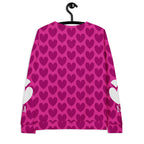 Recycled white unisex sweatshirt with all-over magenta frost magnetic spade print by Daemon Luxury, back view.