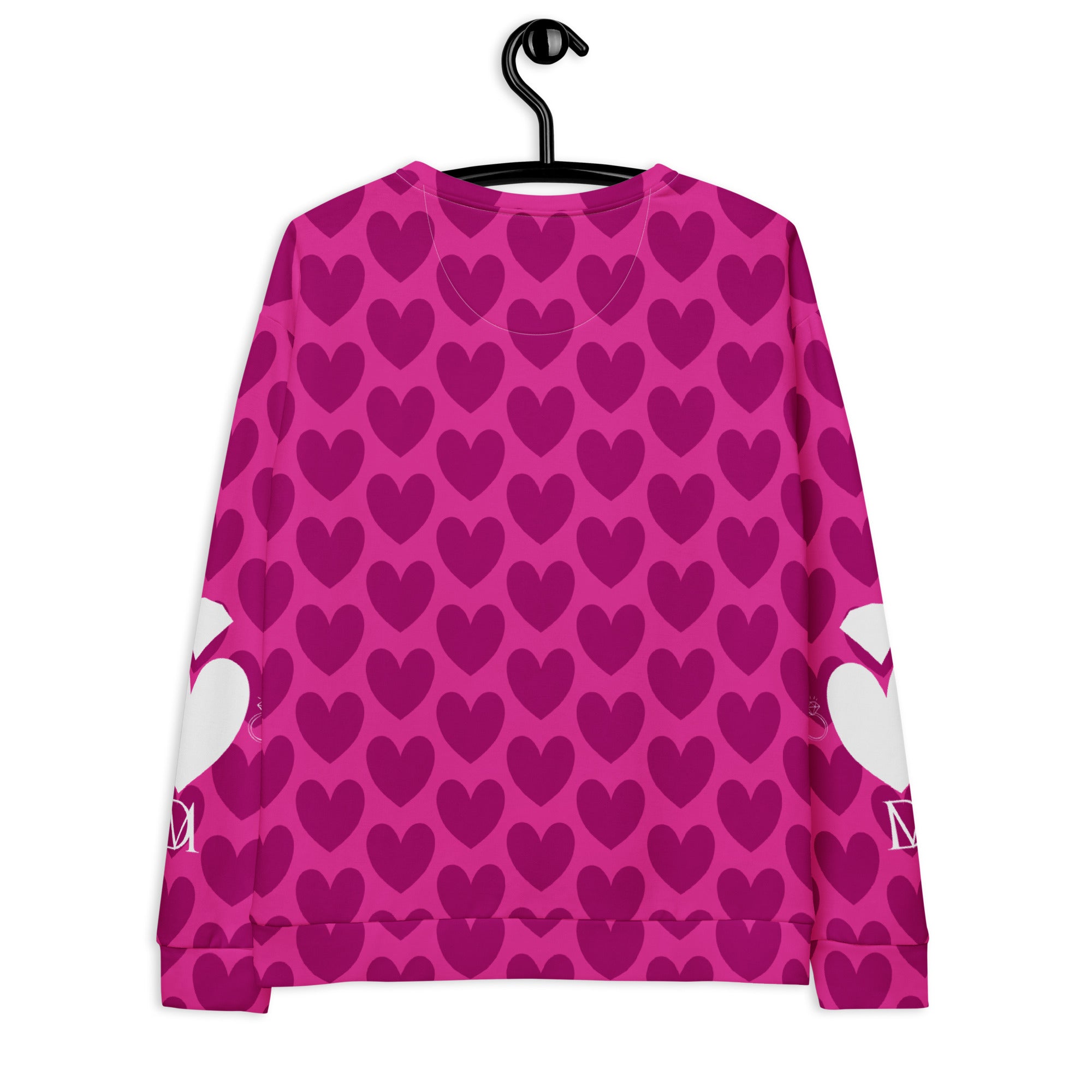 Recycled white unisex sweatshirt with all-over magenta frost magnetic spade print by Daemon Luxury, back view.