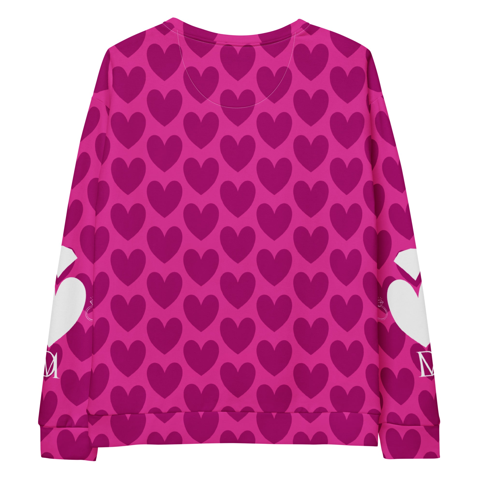 Unisex recycled cotton sweatshirt featuring a magenta frost magnetic spade print on a white background by Daemon Luxury.