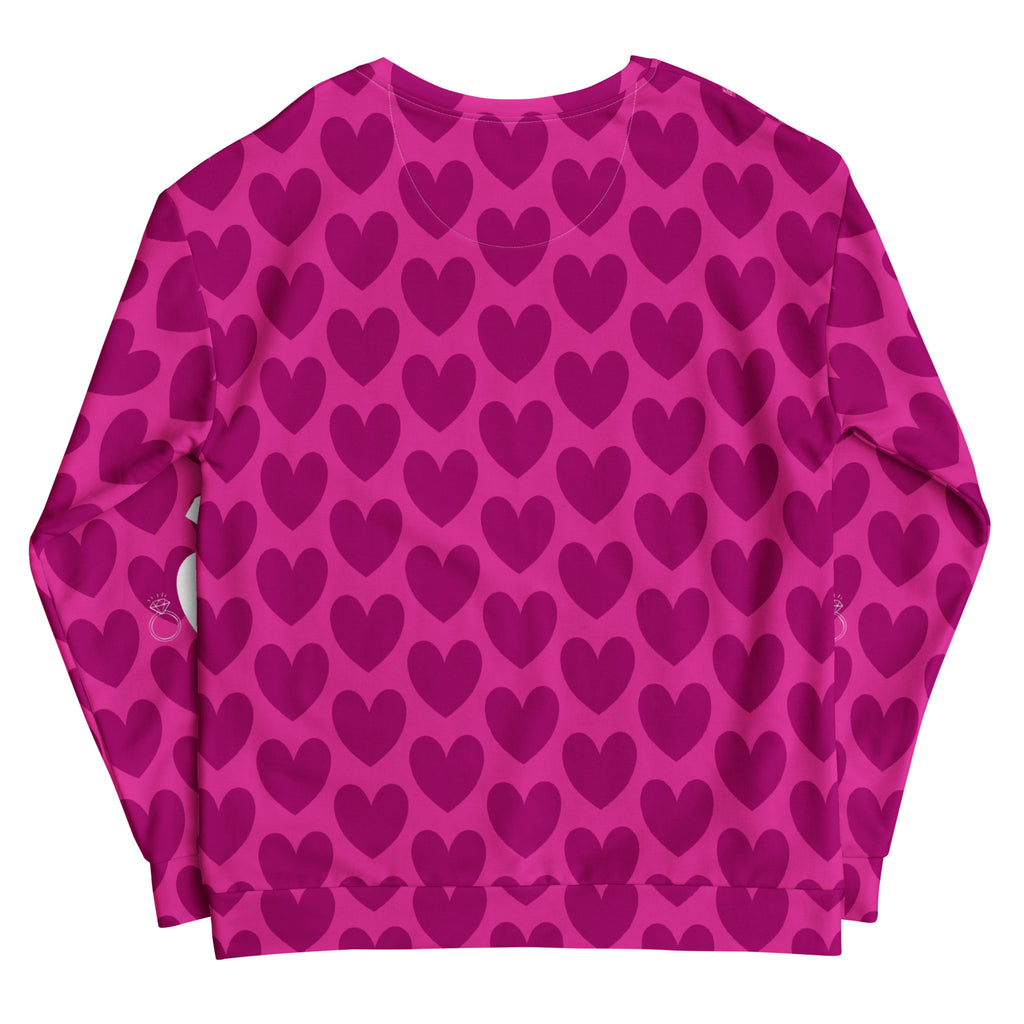 Unisex white recycled sweatshirt with all-over magenta frost magnetic spade print, featuring a hood and casual fit by Daemon Luxury.