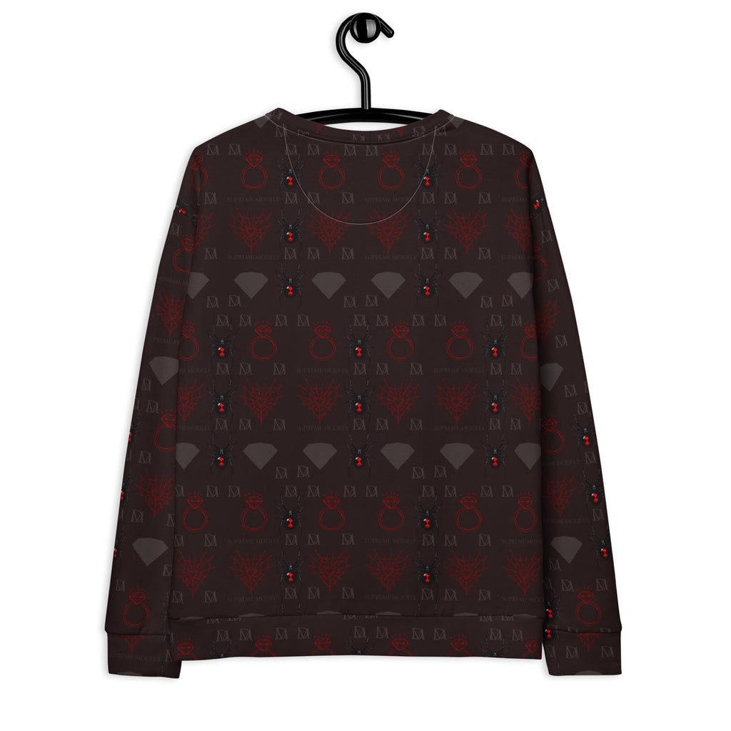 Daemon Luxury Supreme Models reticulated unisex recycled sweatshirt with all-over white print, back view.