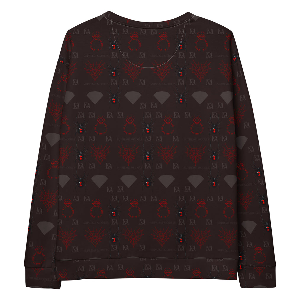 Daemon Luxury SUPREME MODELS reticulated unisex recycled white sweatshirt with all-over print, back view.