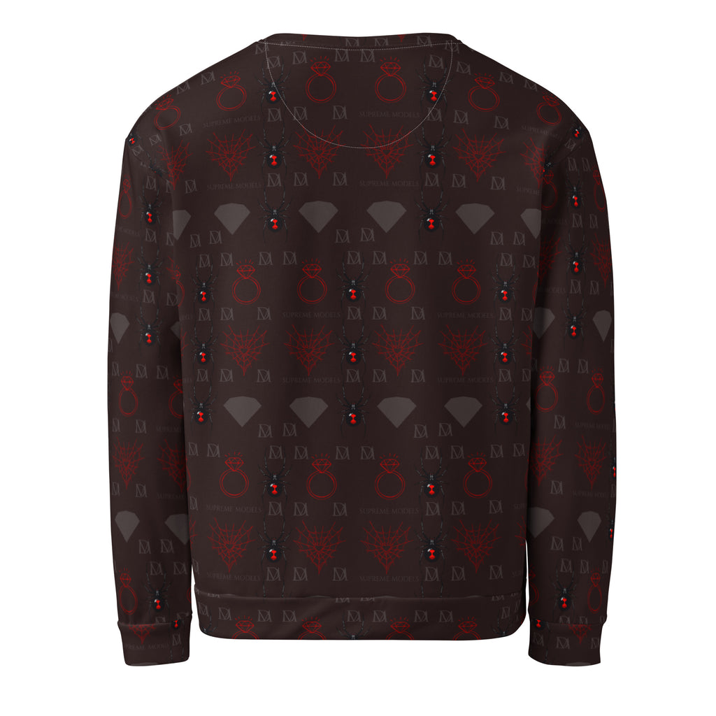 Daemon Luxury SUPREME MODELS reticulated white unisex sweatshirt with all-over print on the back.