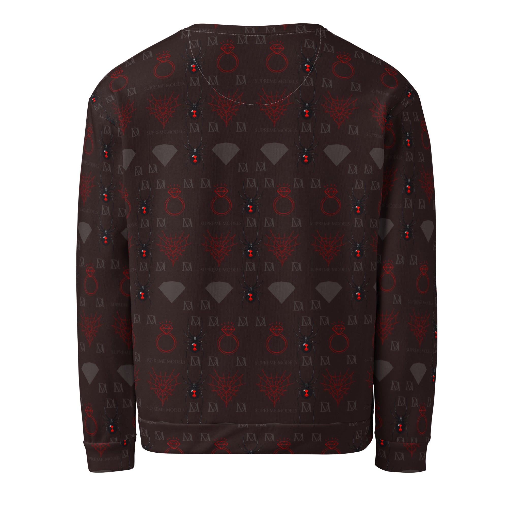 Daemon Luxury SUPREME MODELS reticulated white unisex sweatshirt with all-over print on the back.