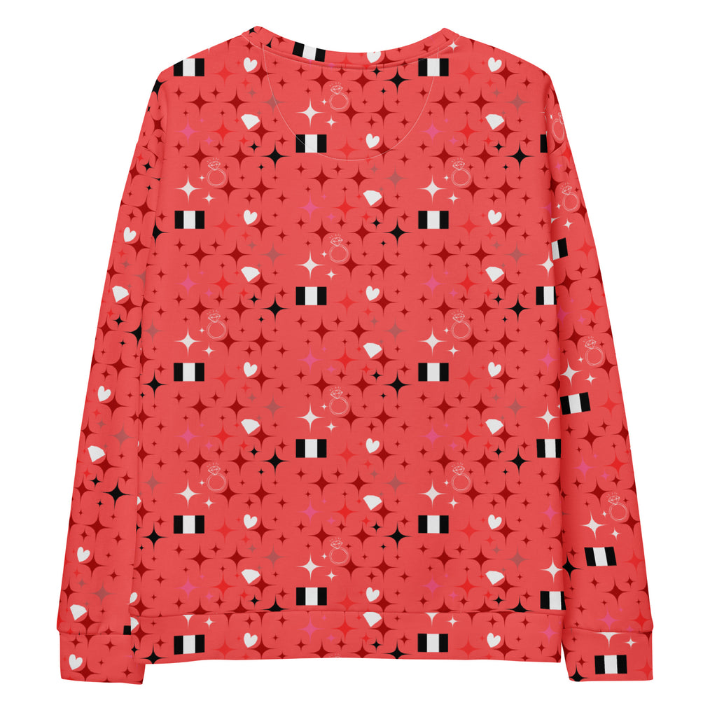 All-over print recycled white unisex sweatshirt featuring the Eternal Stardust (Tarmin’s Heart) design by Daemon Luxury.
