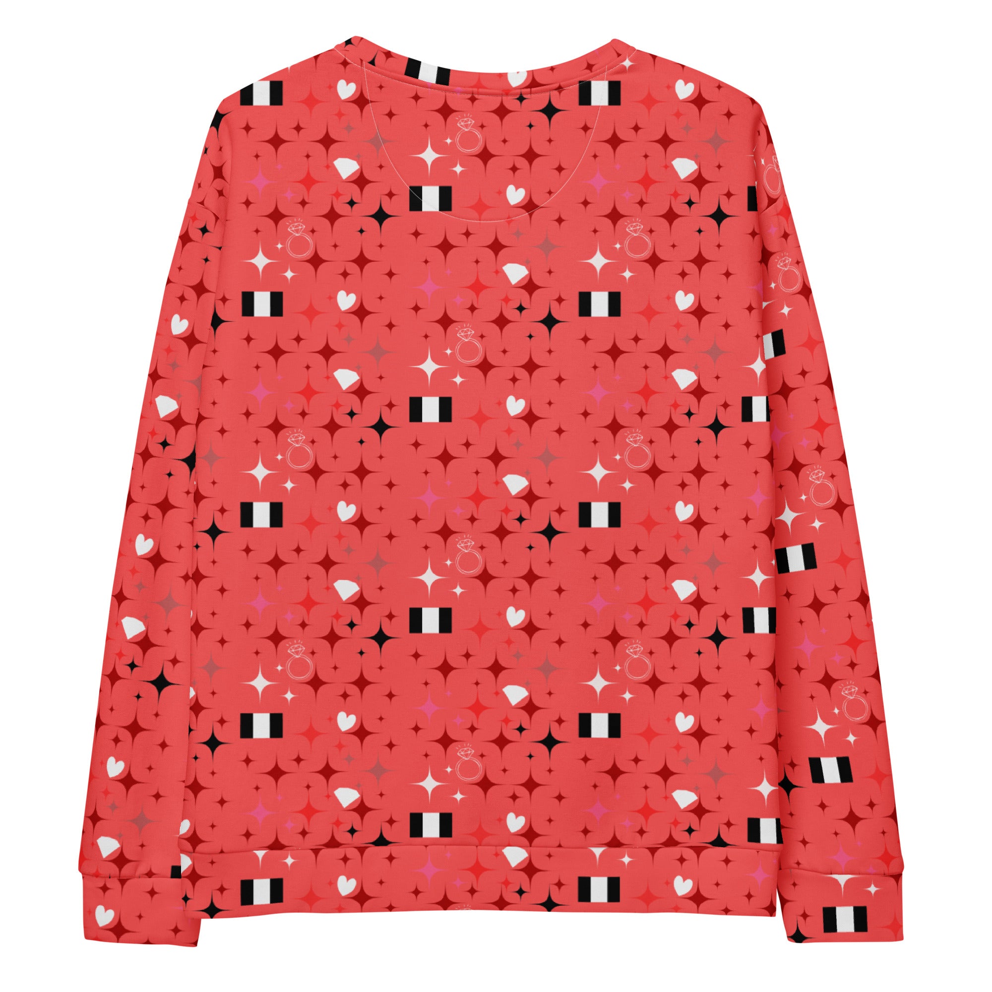 All-over print recycled white unisex sweatshirt featuring the Eternal Stardust (Tarmin’s Heart) design by Daemon Luxury.