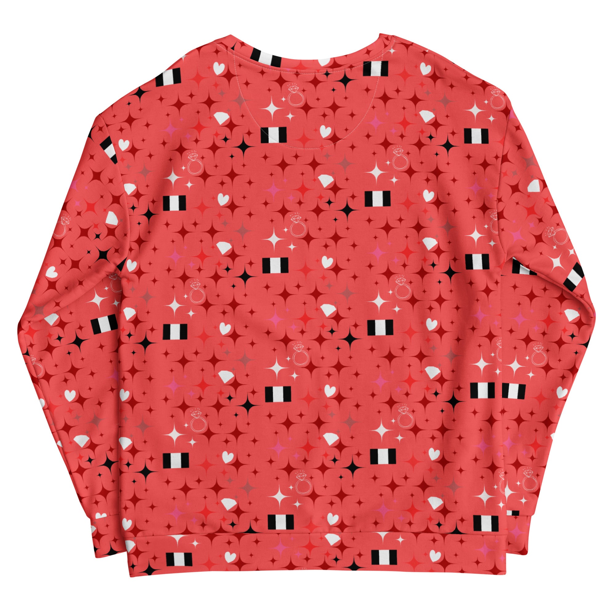 All-over-print white recycled unisex sweatshirt featuring the Eternal Stardust (Tarmin’s Heart) design from Daemon Luxury.