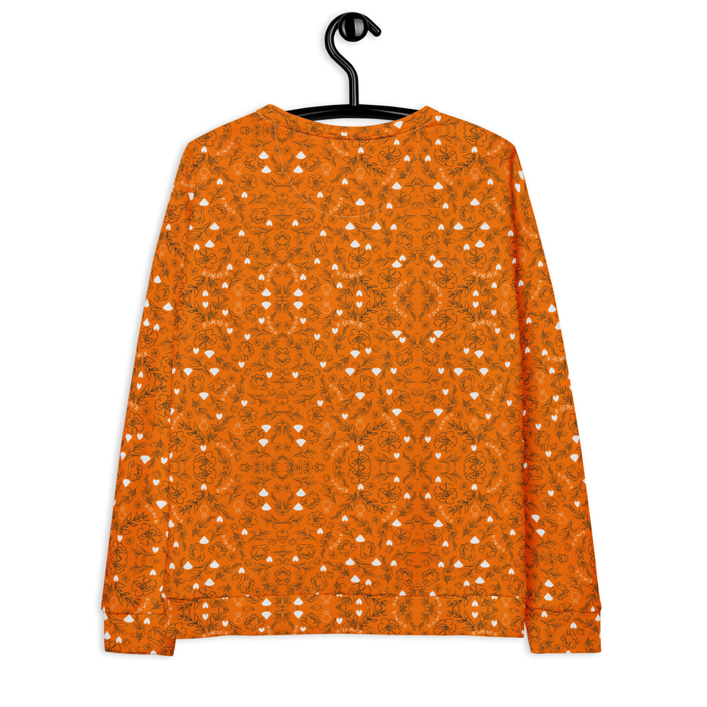 Daemon Luxury Florette Rebirth Tarmin Sunset unisex recycled sweatshirt with all-over white print, back view showing vibrant design.