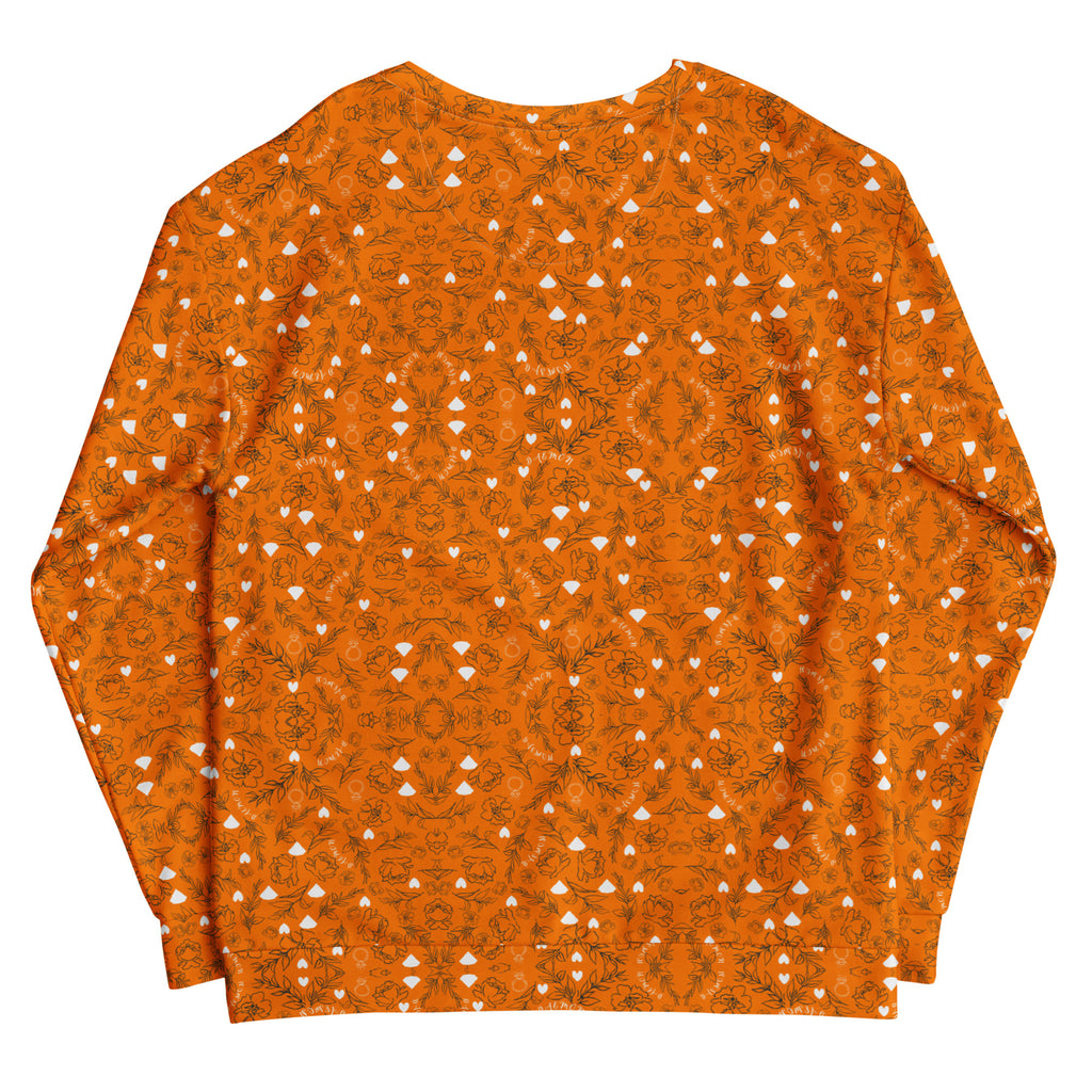 Rebirth Tarmin Sunset all-over-print recycled unisex sweatshirt by Daemon Luxury, white back view showing vibrant graphic design.