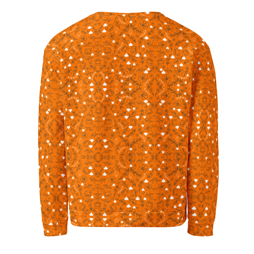 Unisex white Felpa sweatshirt featuring all-over Rebirth Tarmin Sunset print by Daemon Luxury, showcasing vibrant sunset design.