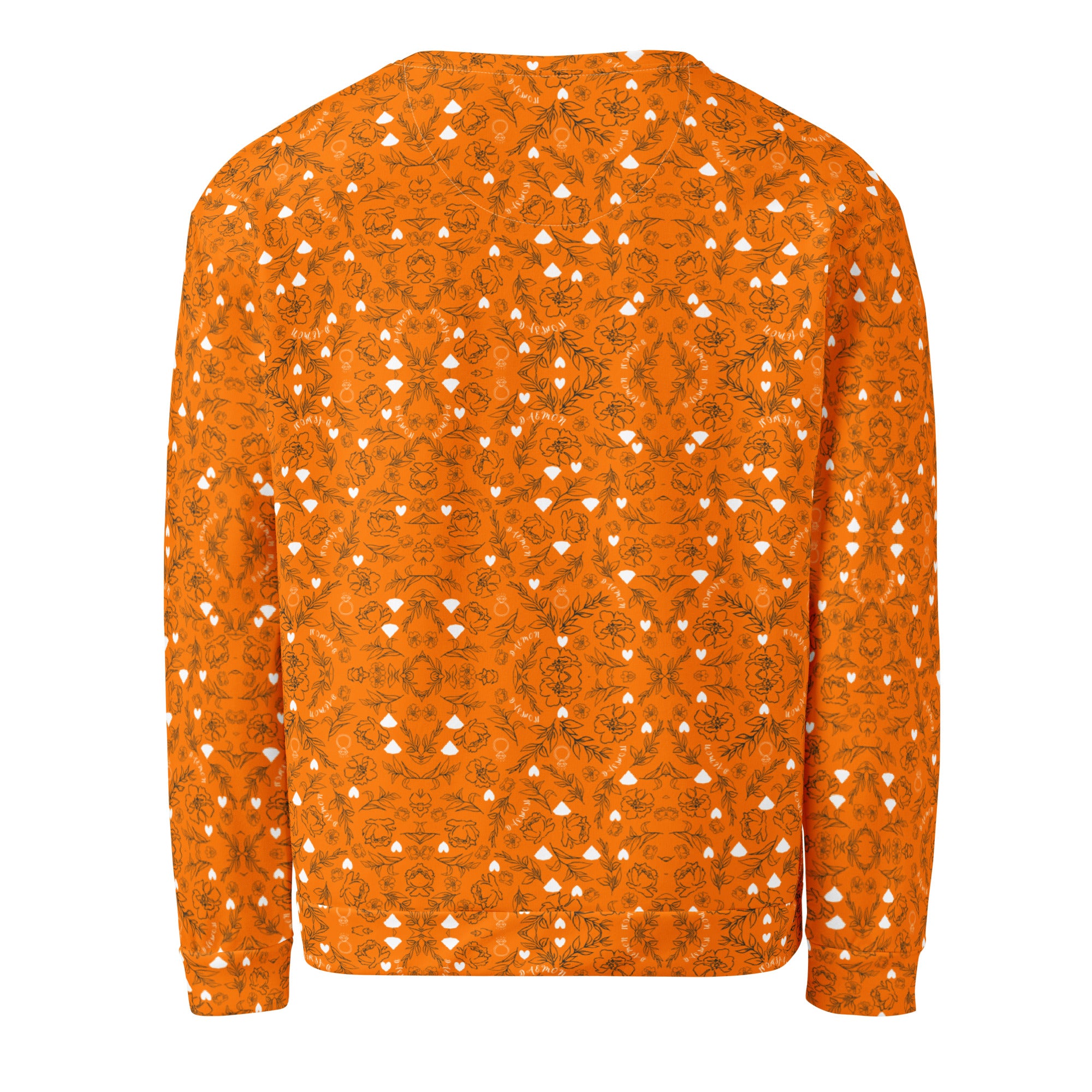 Unisex white Felpa sweatshirt featuring all-over Rebirth Tarmin Sunset print by Daemon Luxury, showcasing vibrant sunset design.