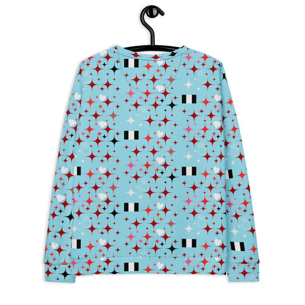 Daemon Luxury Eternal Stardust Caribbean unisex recycled sweatshirt with all-over print on white fabric, back view.