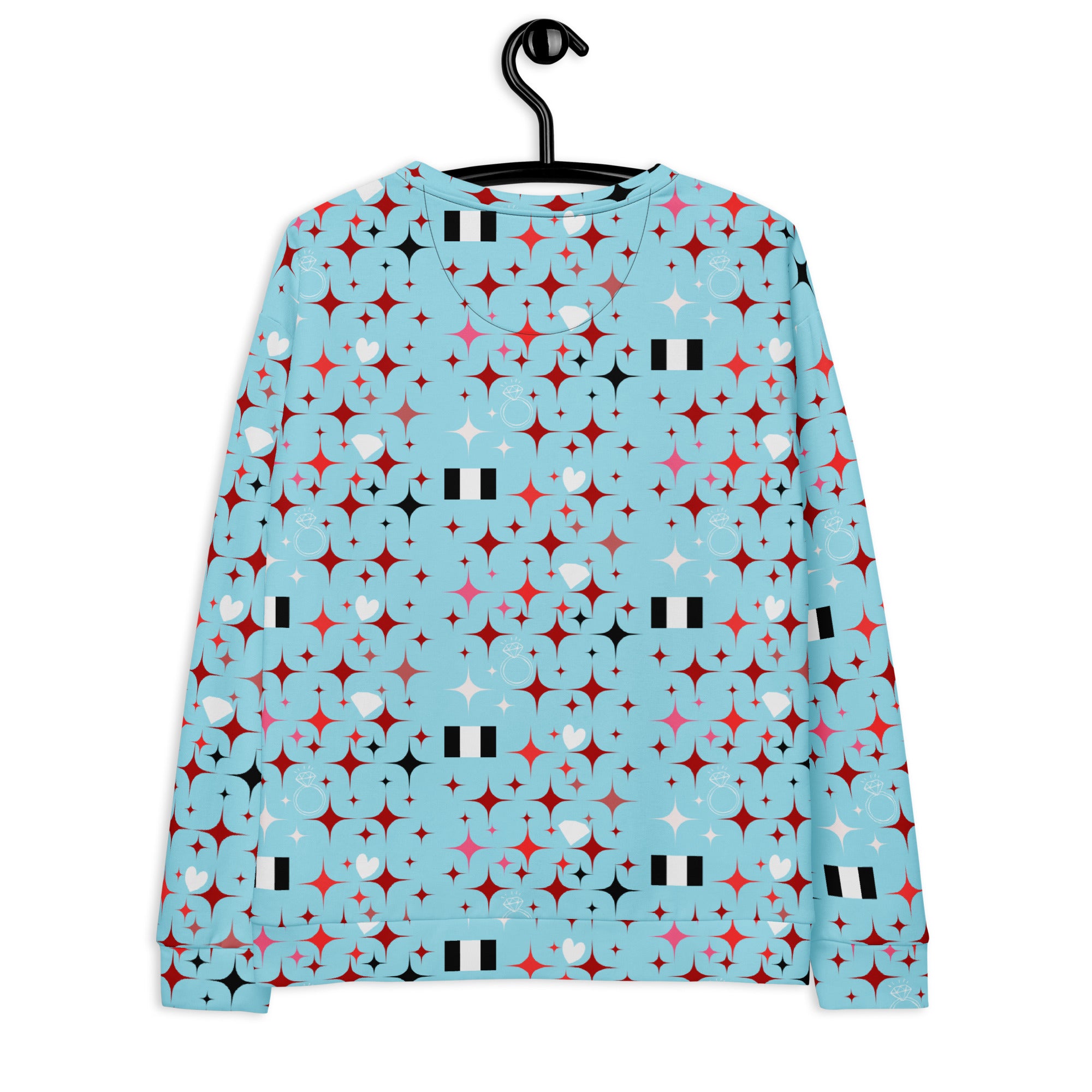 Daemon Luxury Eternal Stardust Caribbean unisex recycled sweatshirt with all-over print on white fabric, back view.