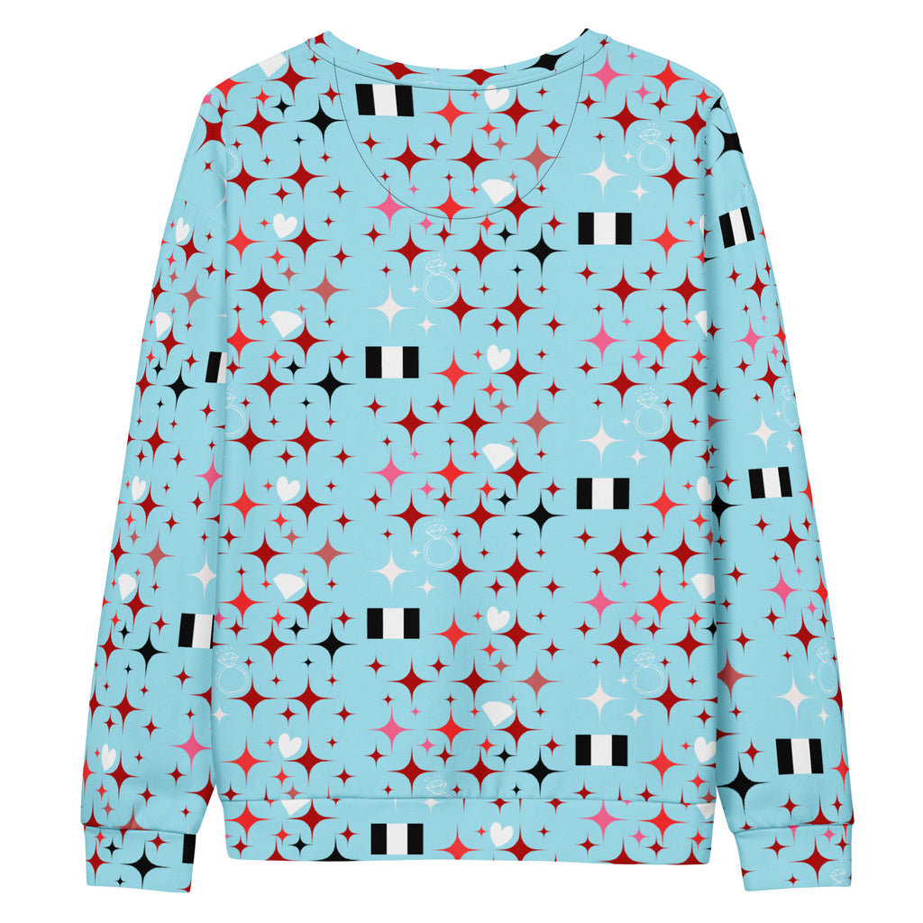 Unisex white recycled cotton sweatshirt featuring all-over stardust Caribbean print by Daemon Luxury.