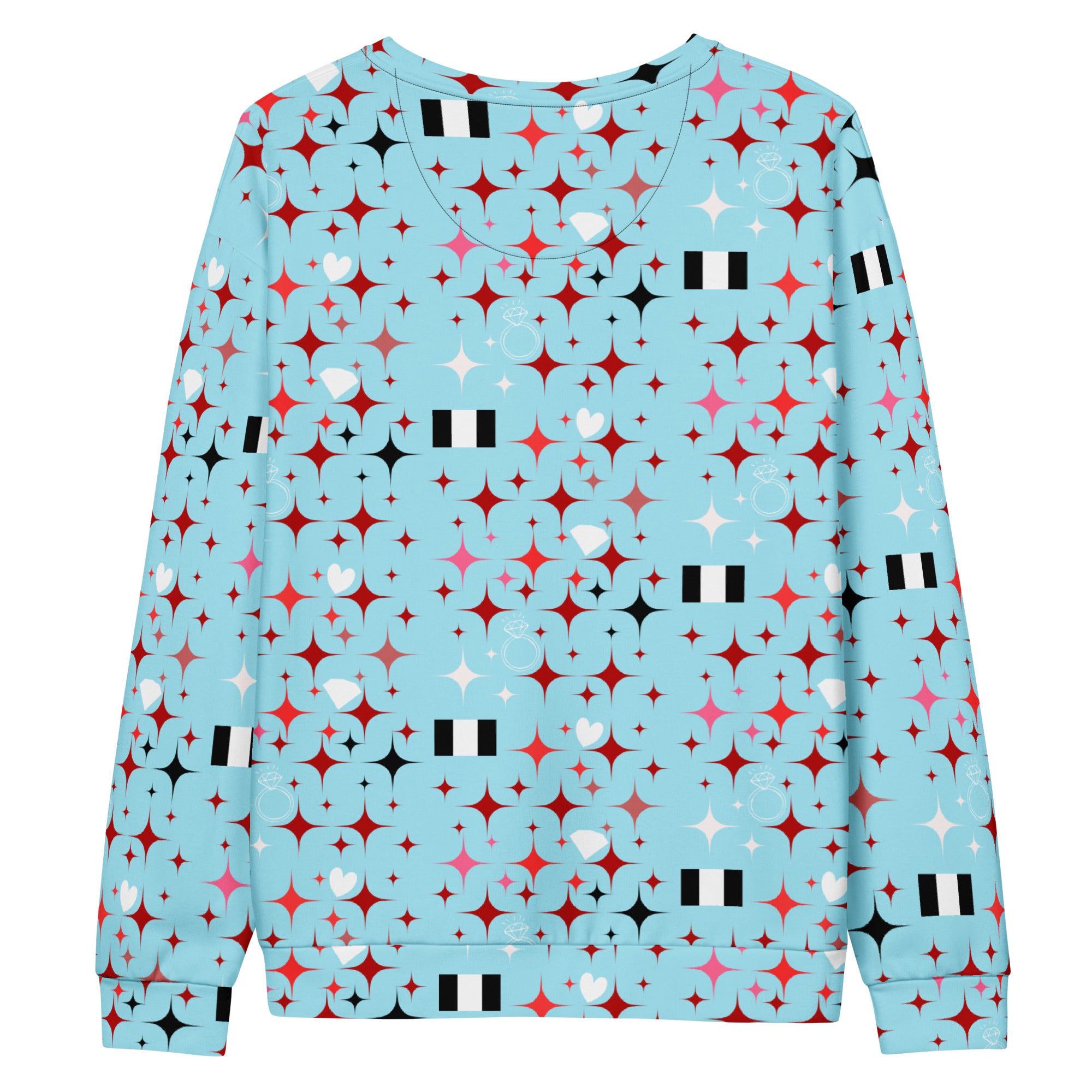 Unisex white recycled cotton sweatshirt featuring all-over stardust Caribbean print by Daemon Luxury.