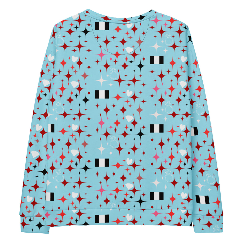 Daemon Luxury Eternal Stardust Caribbean unisex recycled sweatshirt with all-over print, white fabric and vibrant starry design.