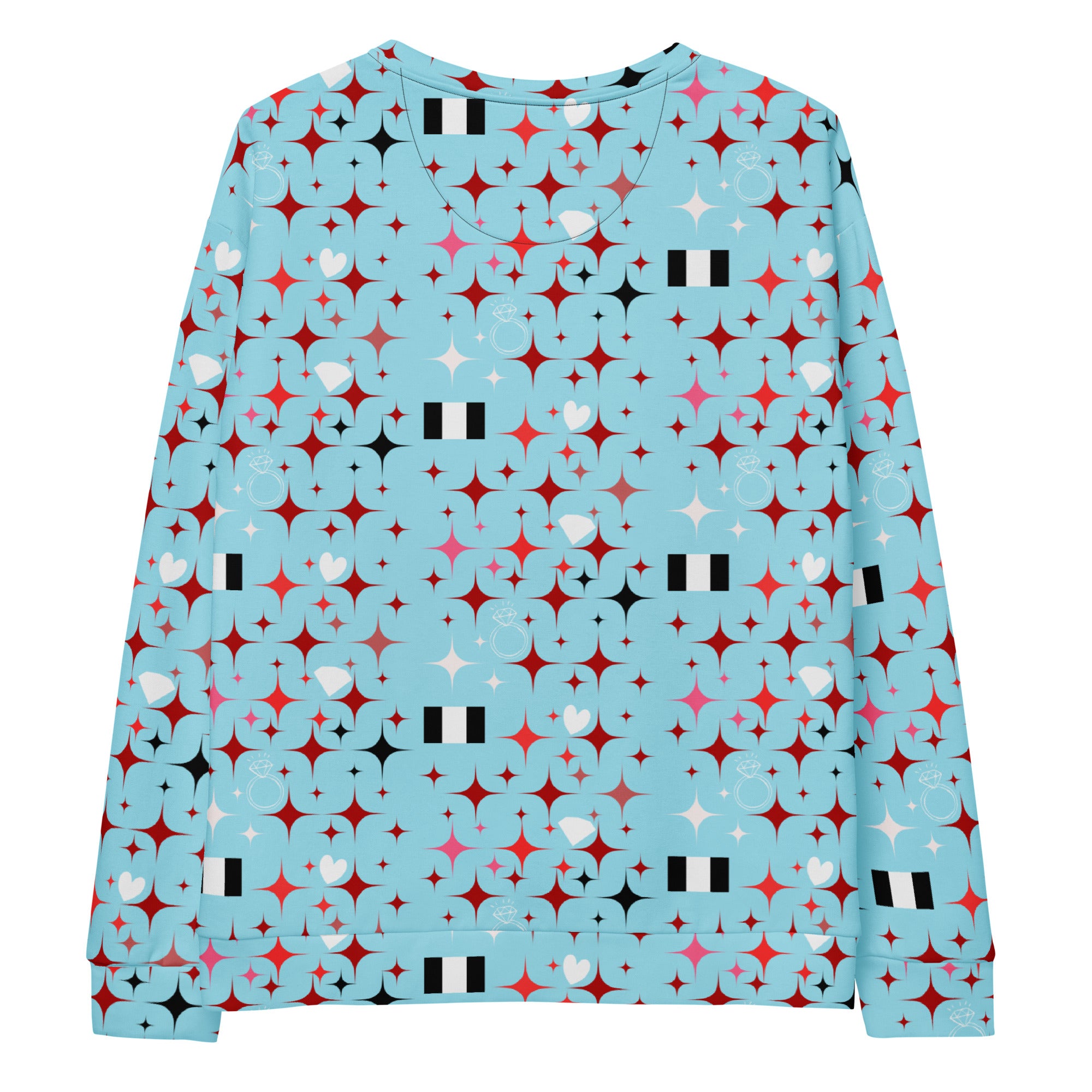 Daemon Luxury Eternal Stardust Caribbean unisex recycled sweatshirt with all-over print, white fabric and vibrant starry design.