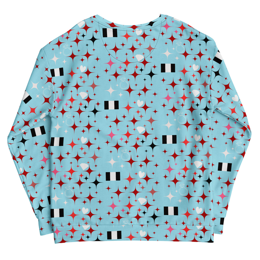 All-over print white unisex sweatshirt featuring Caribbean-inspired Eternal Stardust design by Daemon Luxury.