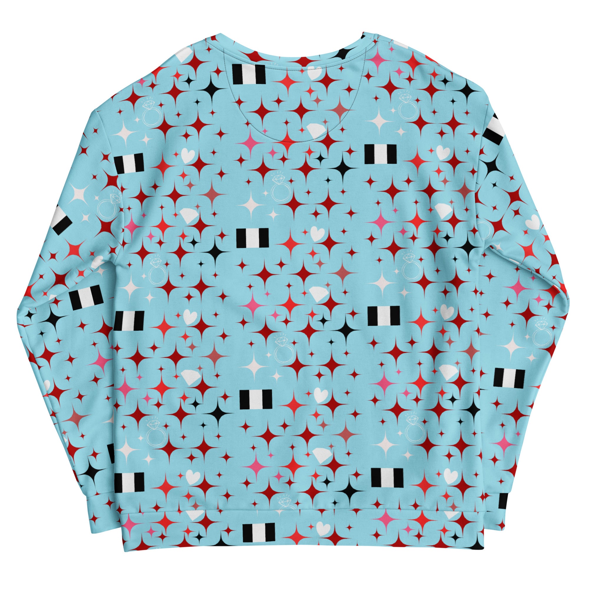 All-over print white unisex sweatshirt featuring Caribbean-inspired Eternal Stardust design by Daemon Luxury.