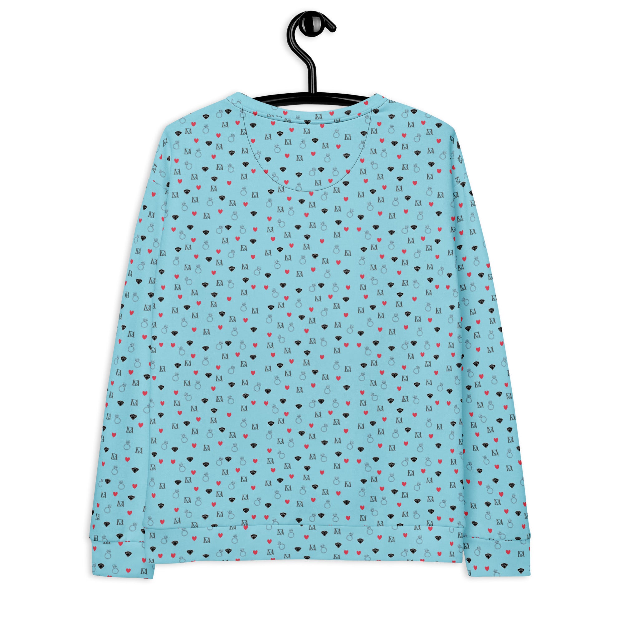 Recycled white unisex sweatshirt with speckled diamond Caribbean print by Daemon Luxury, showing the back design.