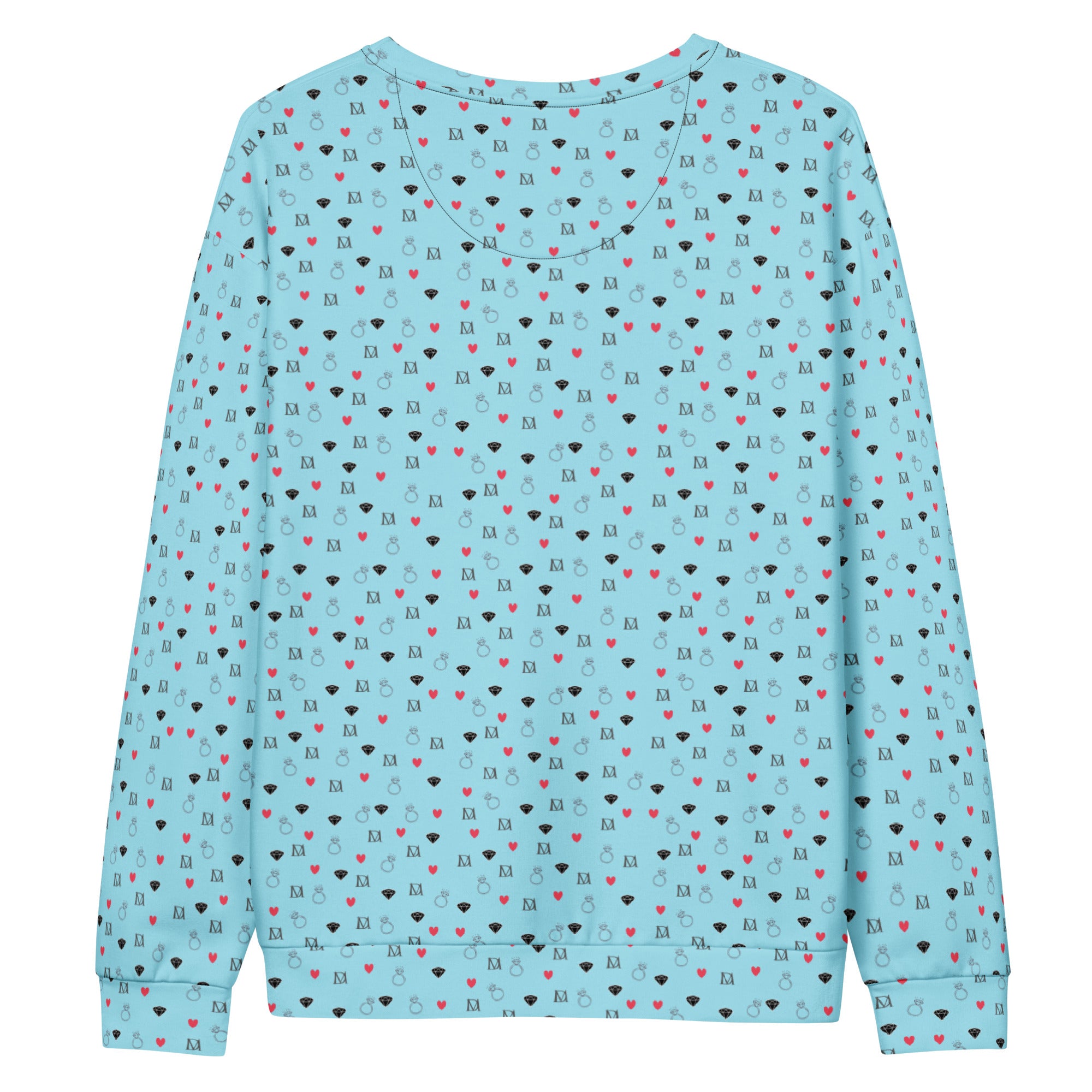 Unisex white recycled sweatshirt featuring speckled diamond Caribbean print by Daemon Luxury, shown from the back.