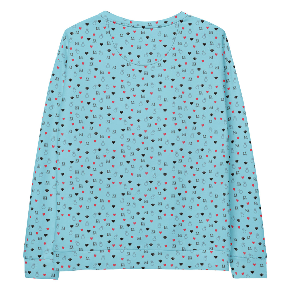 Unisex white recycled sweatshirt with speckled diamond Caribbean print by Daemon Luxury, showing the back design.