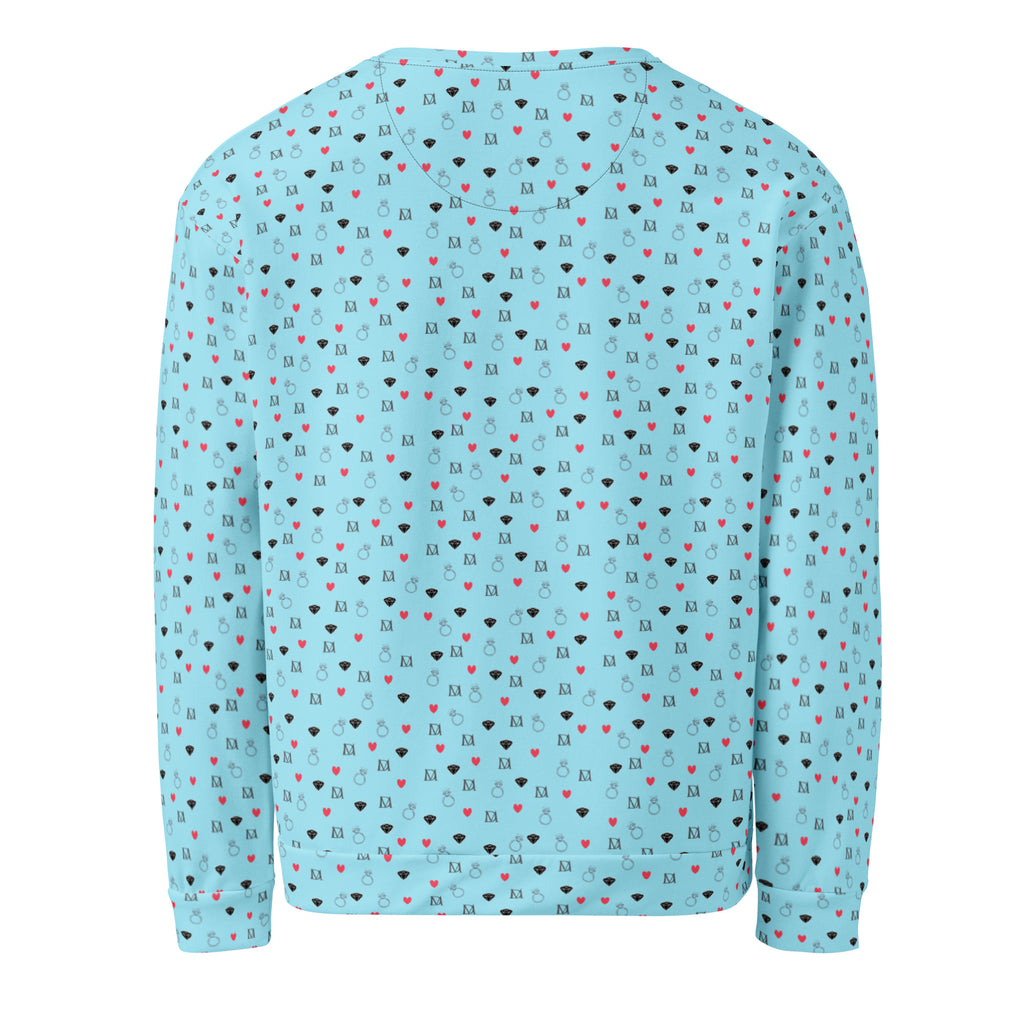 Recycled white unisex sweatshirt with speckled diamond Caribbean print by Daemon Luxury, showcasing all-over print design.