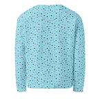 Recycled white unisex sweatshirt with speckled diamond Caribbean print by Daemon Luxury, showcasing all-over print design.