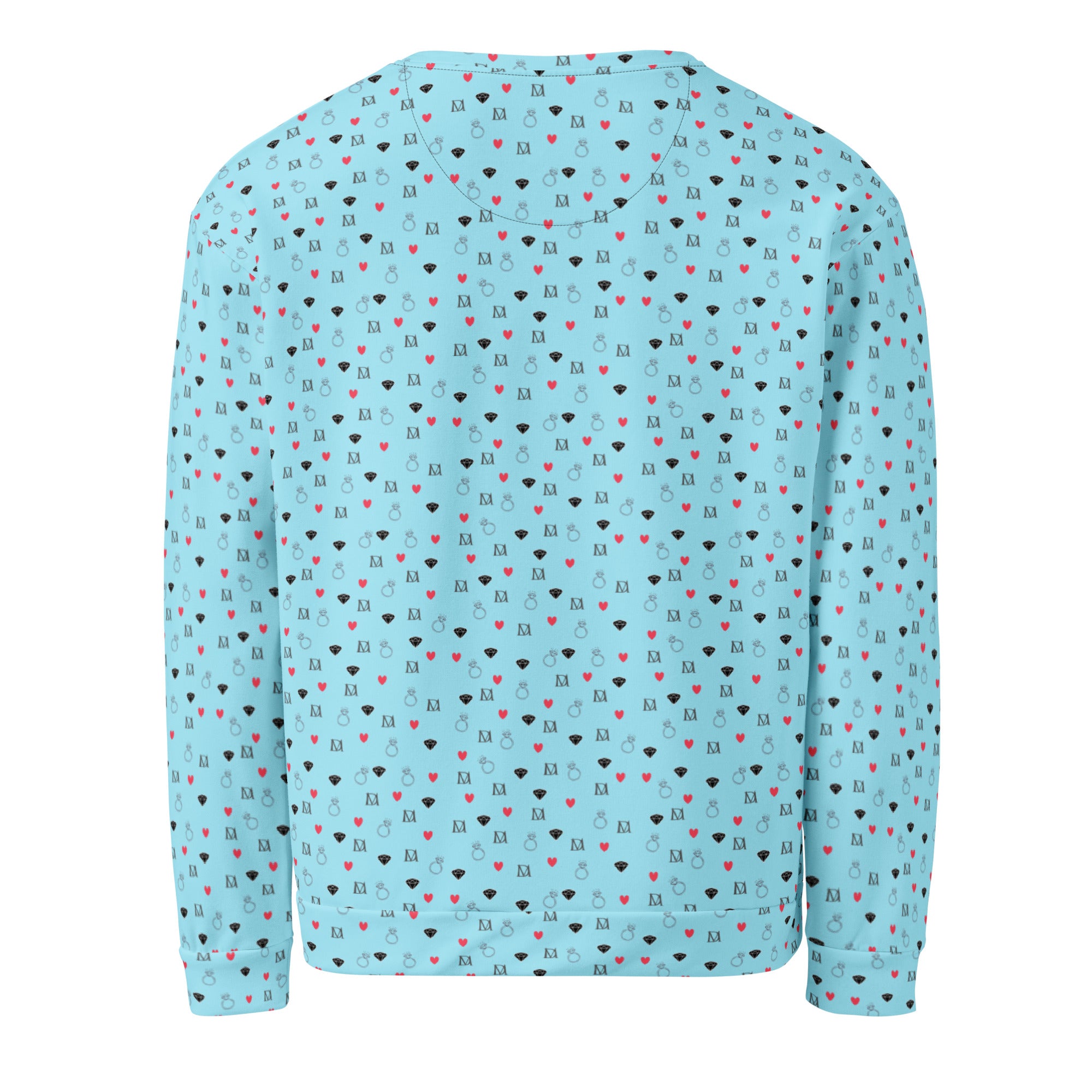 Recycled white unisex sweatshirt with speckled diamond Caribbean print by Daemon Luxury, showcasing all-over print design.