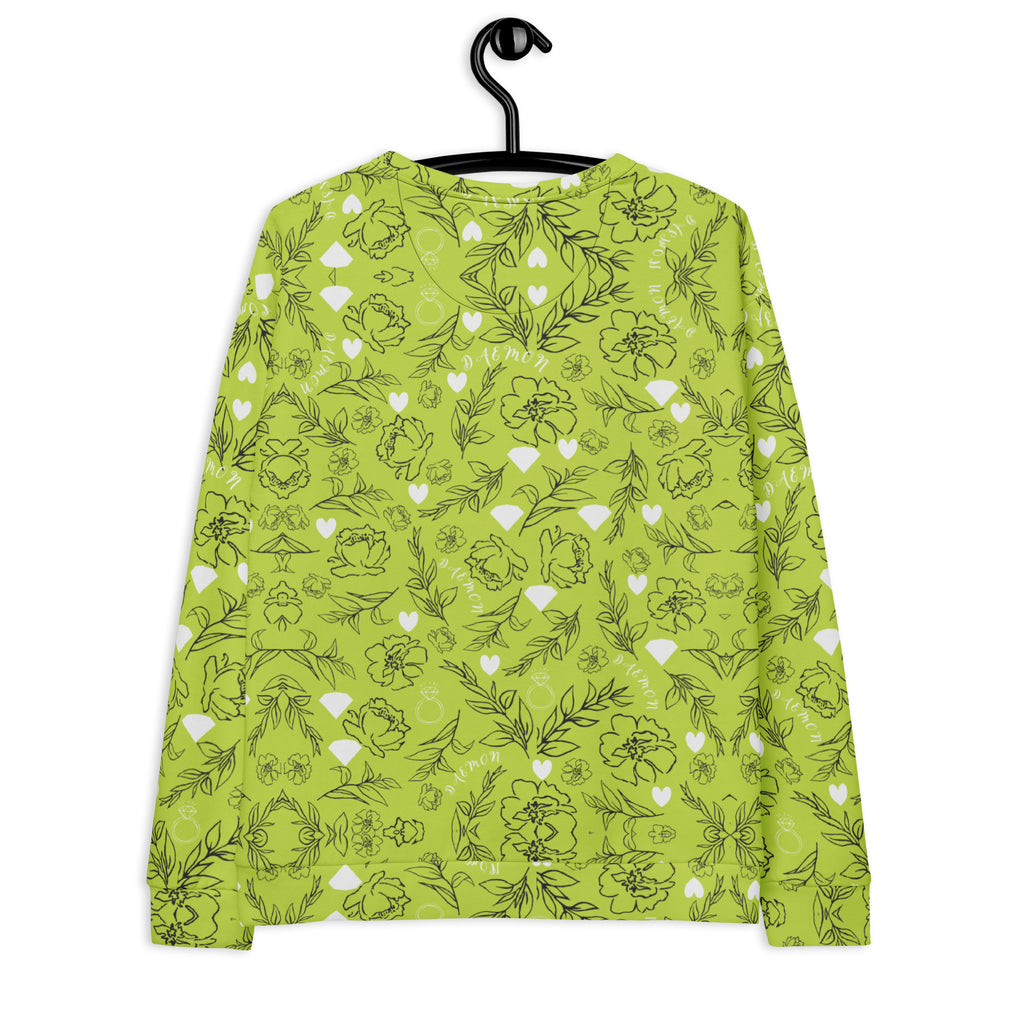 All-over print white Daemon Luxury Florette Rebirth Mantis unisex recycled sweatshirt, back view showing vibrant design.