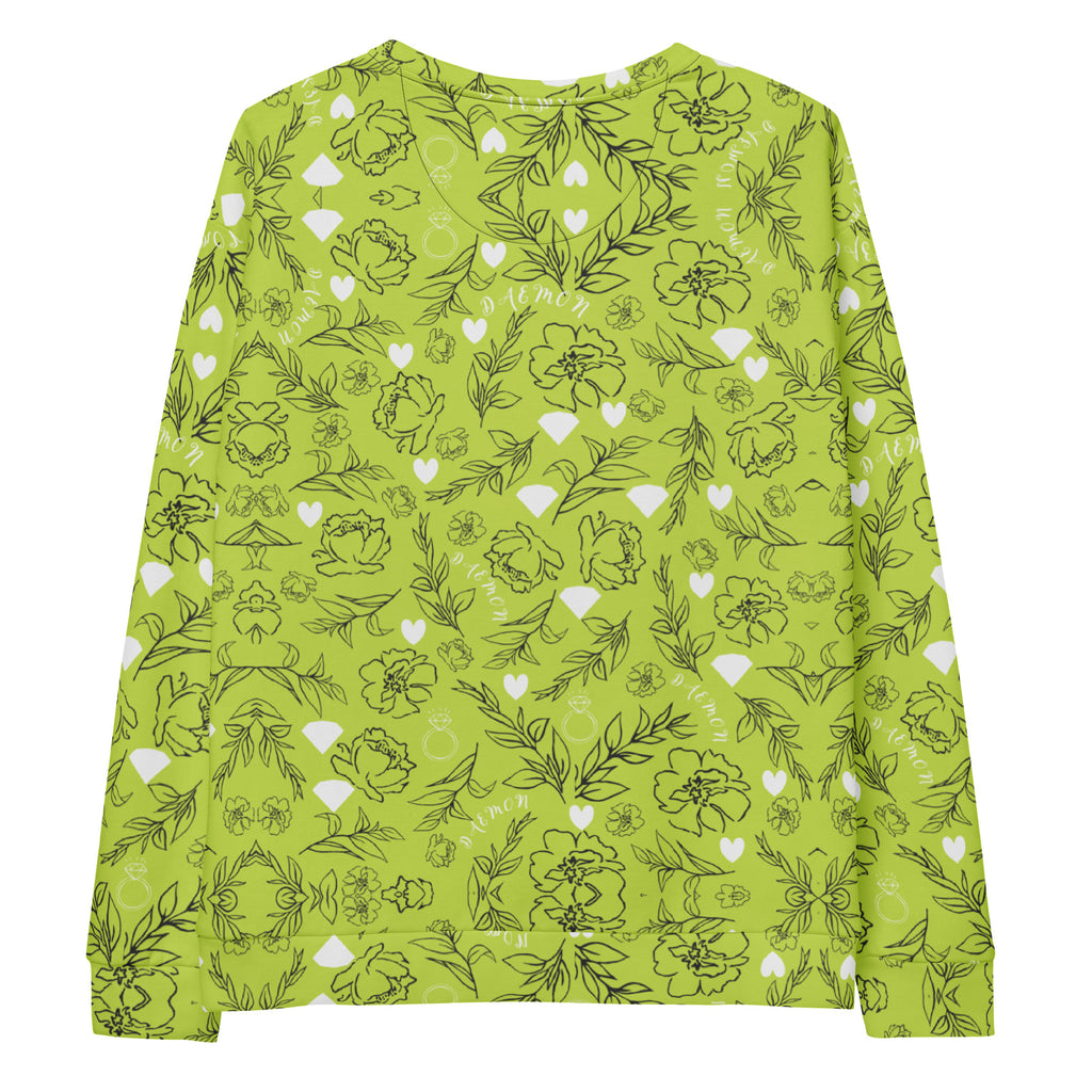 White Daemon Luxury Florette Rebirth Mantis unisex sweatshirt with all-over recycled print, showing the back design.