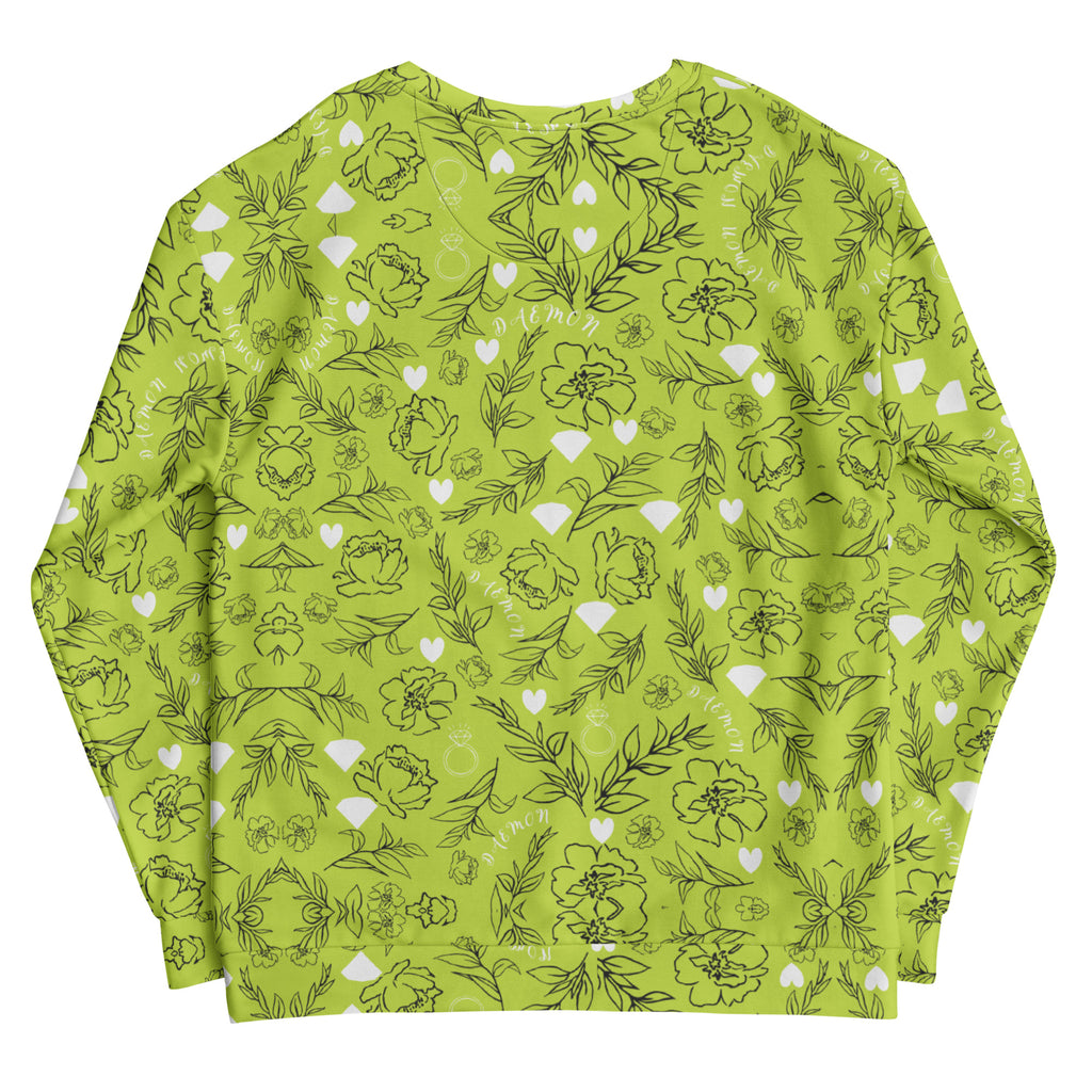 Daemon Luxury Florette Rebirth Mantis unisex recycled all-over-print white sweatshirt, back view with vibrant graphic design.