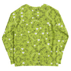 Daemon Luxury Florette Rebirth Mantis unisex recycled all-over-print white sweatshirt, back view with vibrant graphic design.