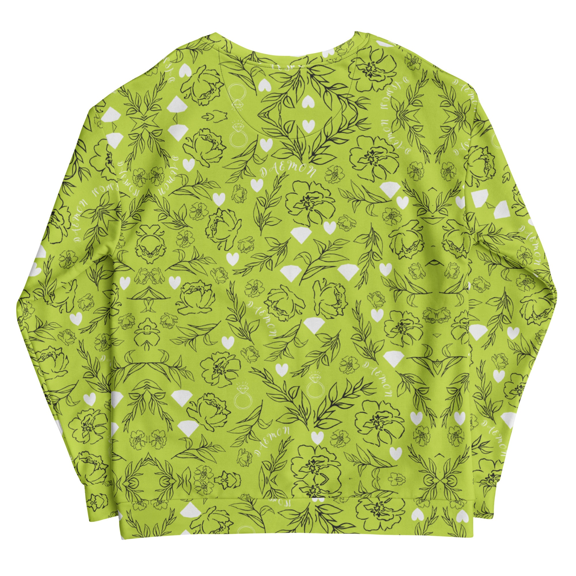 Daemon Luxury Florette Rebirth Mantis unisex recycled all-over-print white sweatshirt, back view with vibrant graphic design.
