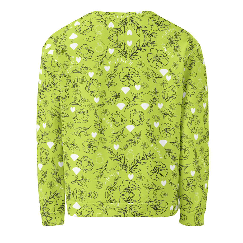 White Daemon Luxury Florette Rebirth Mantis unisex sweatshirt with all-over recycled print, shown from the back.
