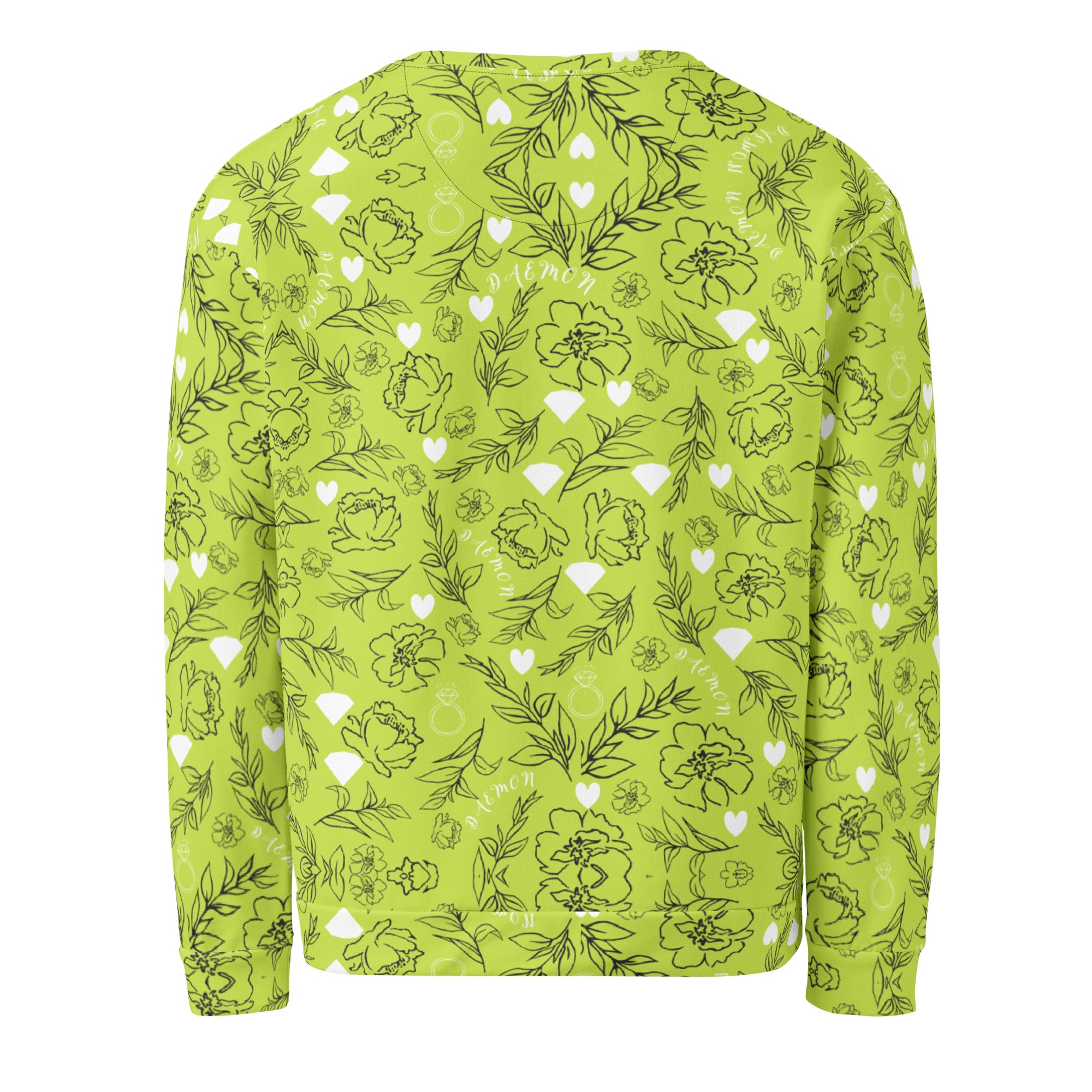 White Daemon Luxury Florette Rebirth Mantis unisex sweatshirt with all-over recycled print, shown from the back.