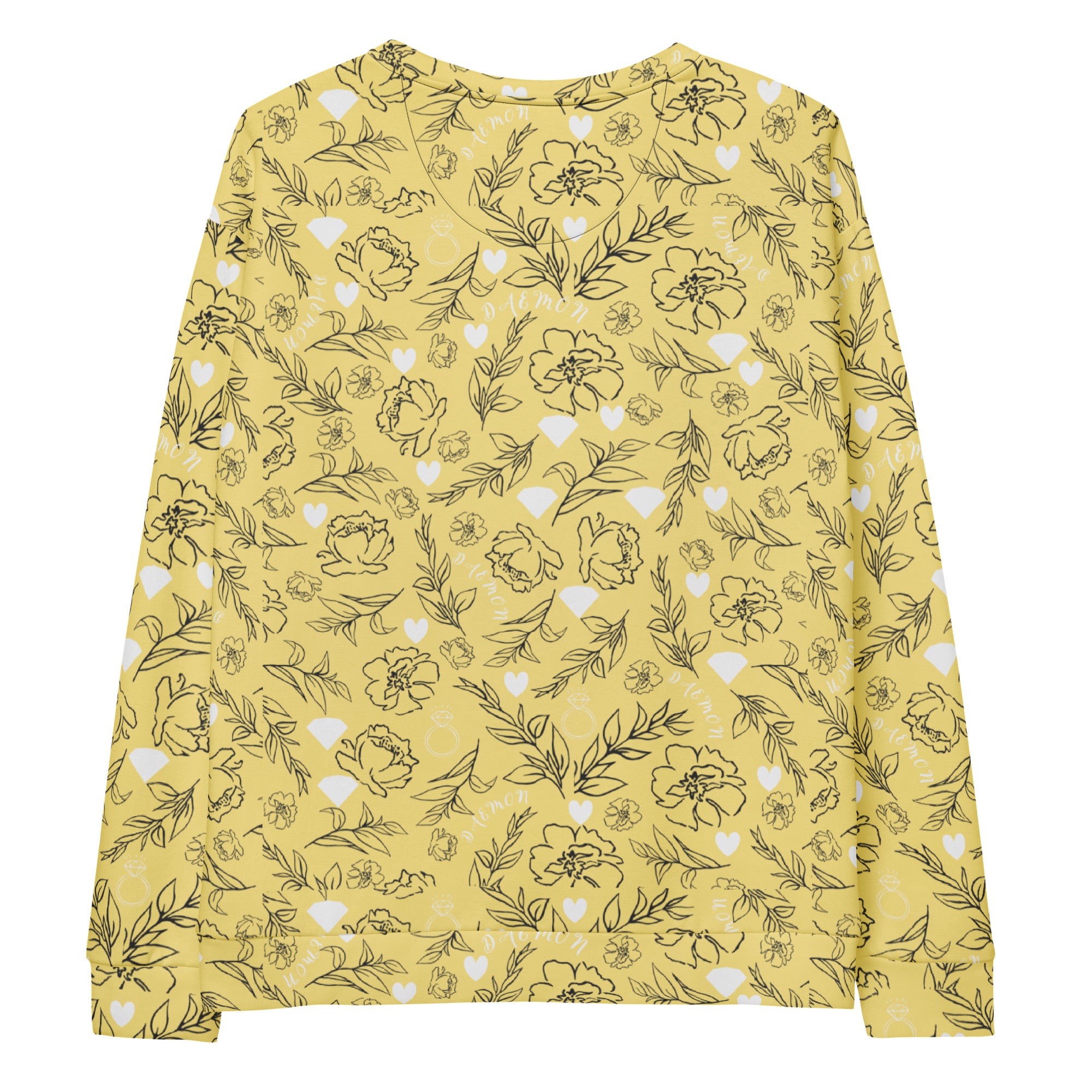 Daemon Luxury Florette Rebirth Full Moon unisex recycled sweatshirt with all-over print on white fabric, back view.
