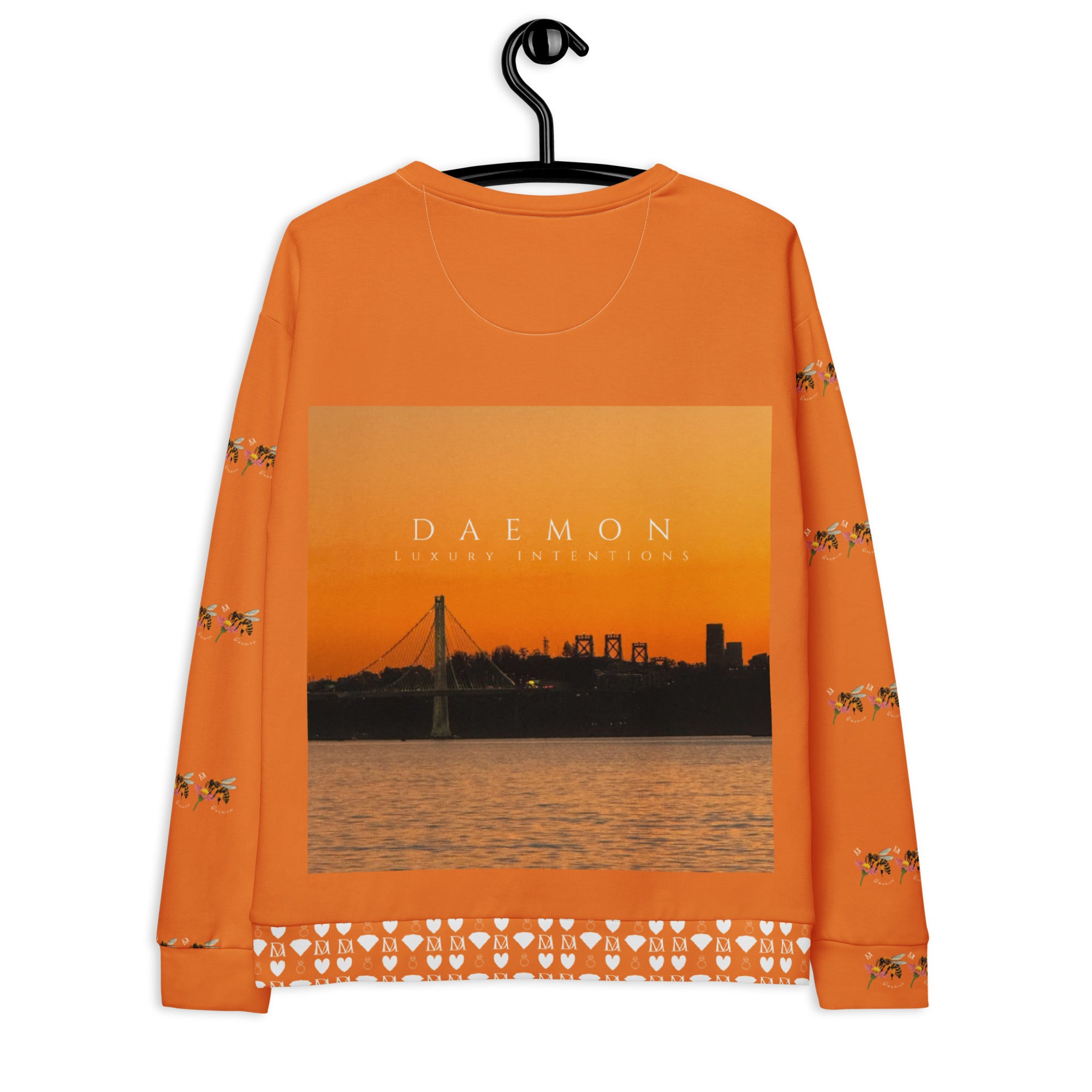 Daemon Luxury Honeybee Smoothie Winter’s Sunset all-over-print recycled unisex sweatshirt, white back design.