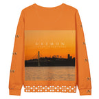 Daemon Luxury Honeybee Smoothie Winter’s Sunset unisex sweatshirt with all-over sunset sunset print on white recycled fabric