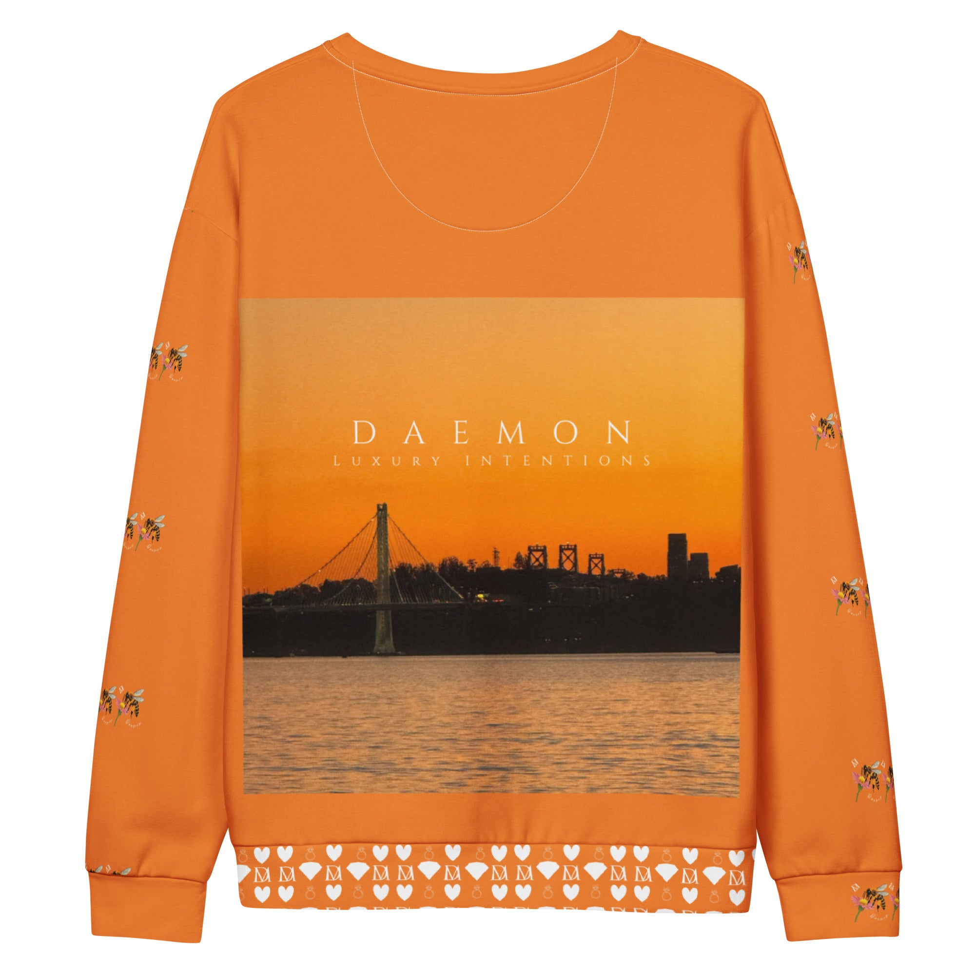 Daemon Luxury Honeybee Smoothie Winter’s Sunset unisex sweatshirt with all-over sunset sunset print on white recycled fabric